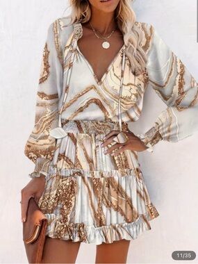 Women’s Long Sleeve V-Neck Ruffle Mini Dress in White & Gold